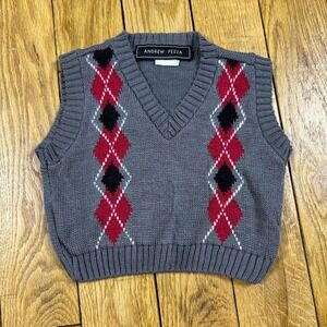 Andrew Fezza Boys Argyle V Neck Sweater Vest Gray Red Black White